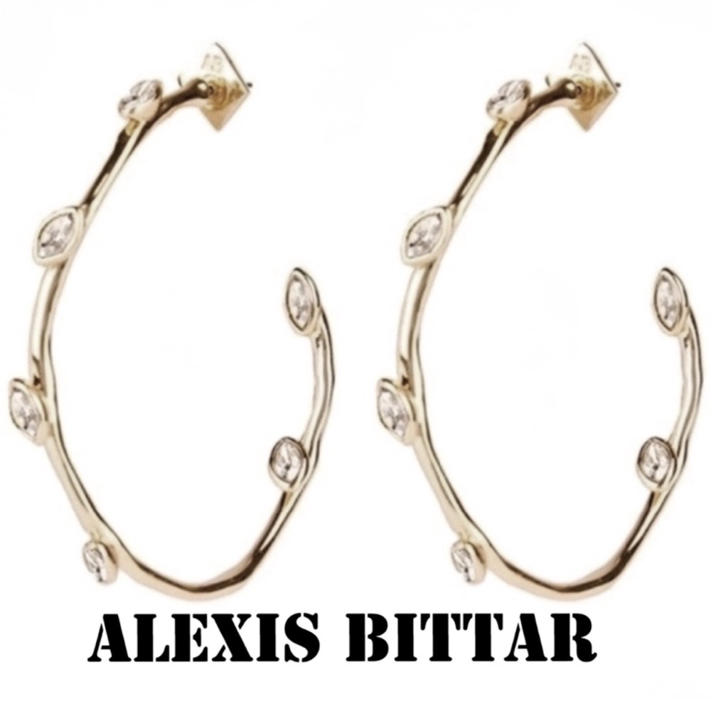 ALEXIS BITTAR NAVETTE MARQUIS CRYSTAL HOOP EARRINGS GOLD BRASS